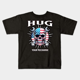 Hug Your Mechanic USA American Skull American Flag Wrench Tools Smiling Skull Face Kids T-Shirt